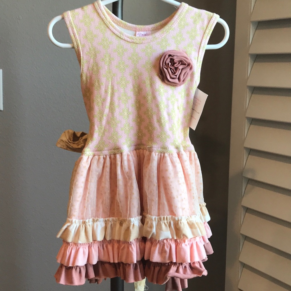 Giggle Moon Pink and Cream Ruffle Dress
